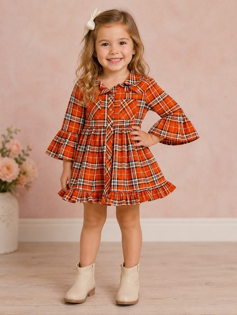 3/$30 NANNETTE KIDS Pink Plaid Flannel Ruffle Long Sleeve Dress Size 4